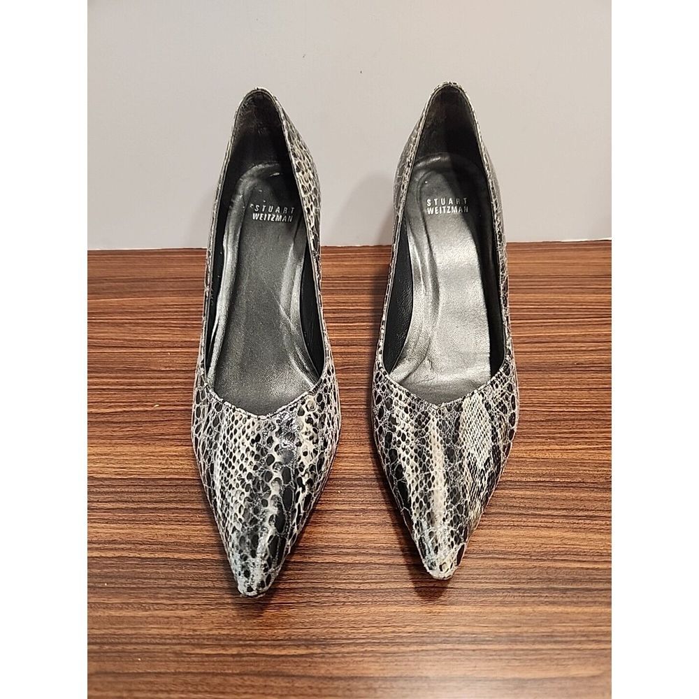 Stuart Weitzman 7.5 M Black Python Snake Skin Metallic Platform Pumps Heels